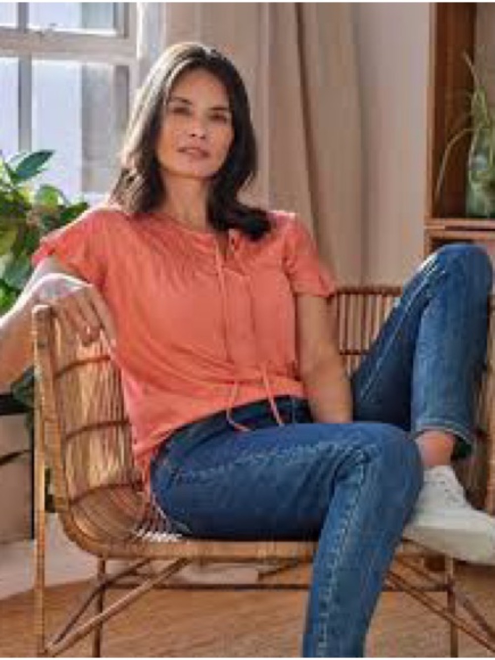 Women's Coral Short-Sleeve Top with Tie Detail